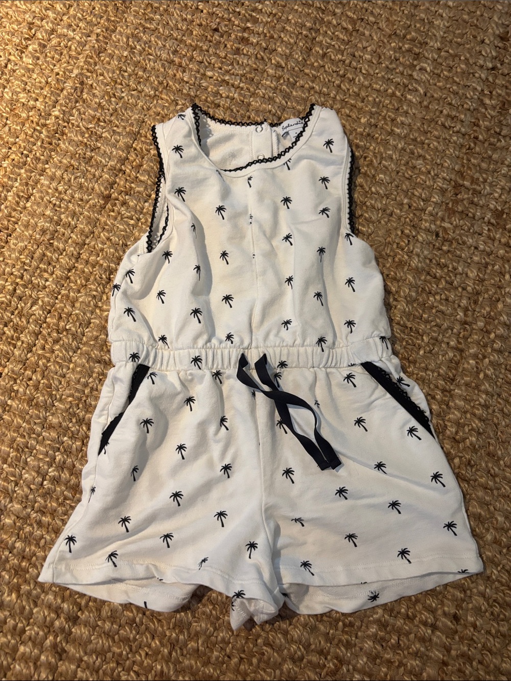 Splendid White Sleeveless Palm-Print Romper with Navy Trim